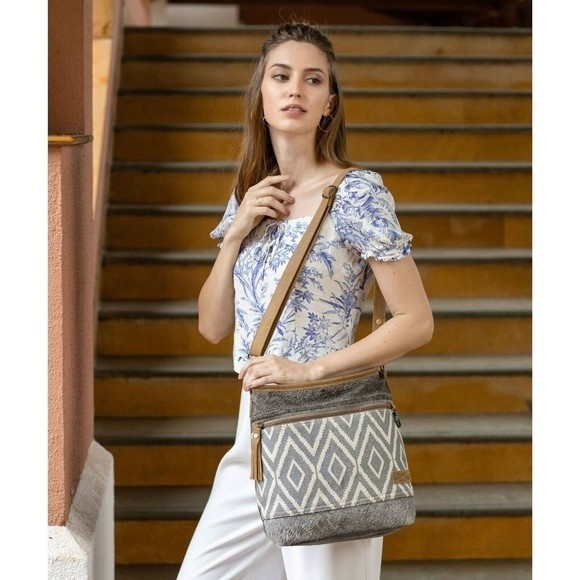 Myra Bag Handmade Oath Shoulder Bag Upcycled Canvas & Cowhide Leather - Picture 1 of 8